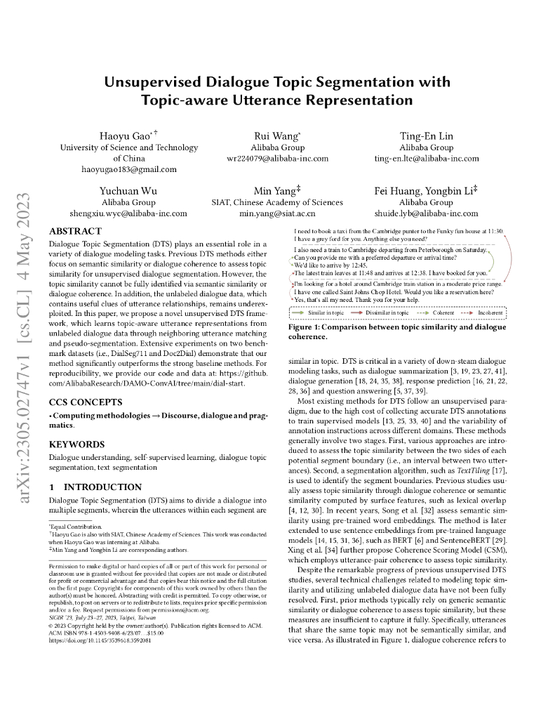 基于主题感知语句表征的无监督对话主题分割（英文版）