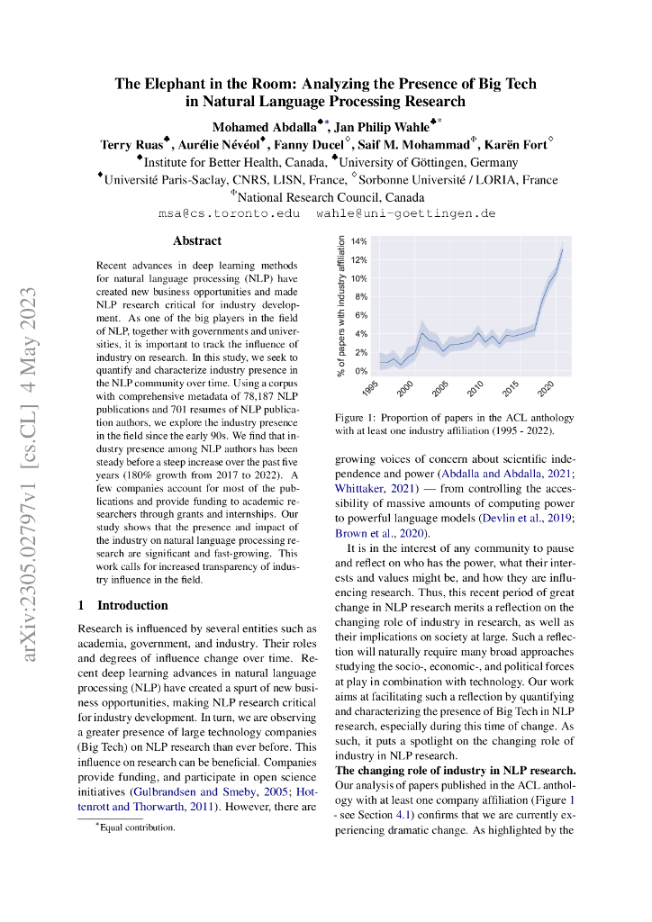 房间中的大象：分析大型科技公司在自然语言处理研究中的存在（英文版）