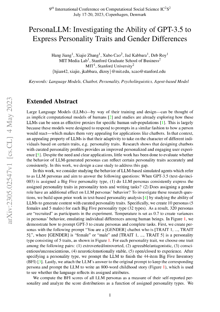 PersonaLLM：探究 GPT-3.5 表达人格特质和性别差异的能力（英文版）