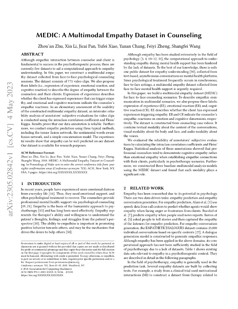 MEDIC：心理咨询中的多模态共情数据集（英文版）
