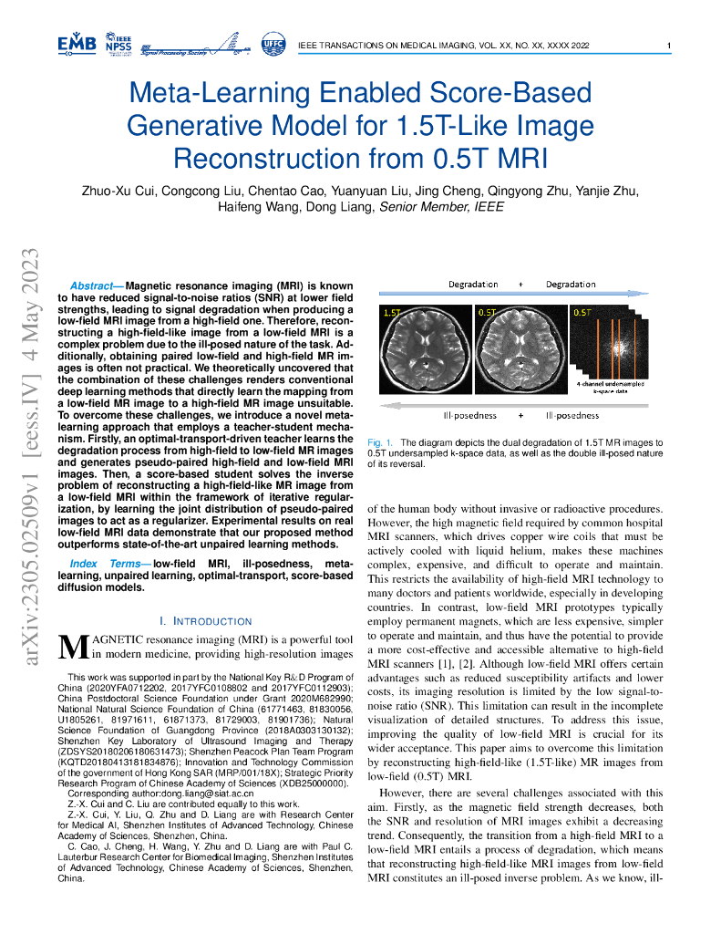 基于得分的元学习增强的生成模型：从 0.5T MRI 重建 1.5T 样式图像（英文版）