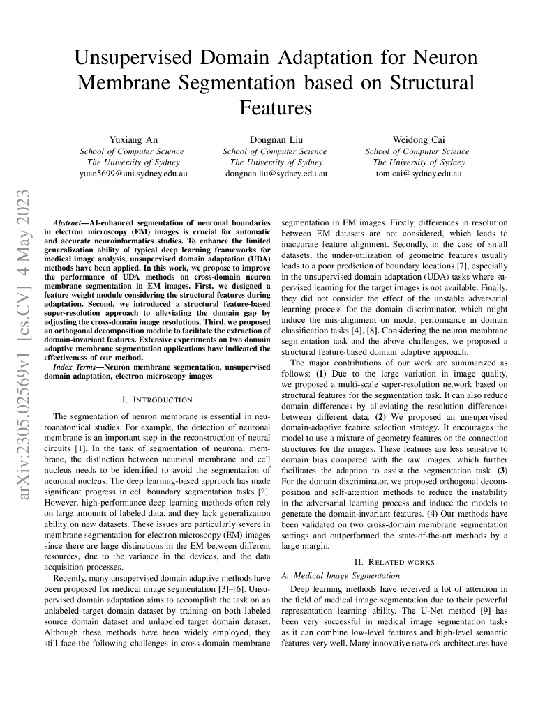 基于结构特征的神经元膜分割无监督域自适应（英文版）