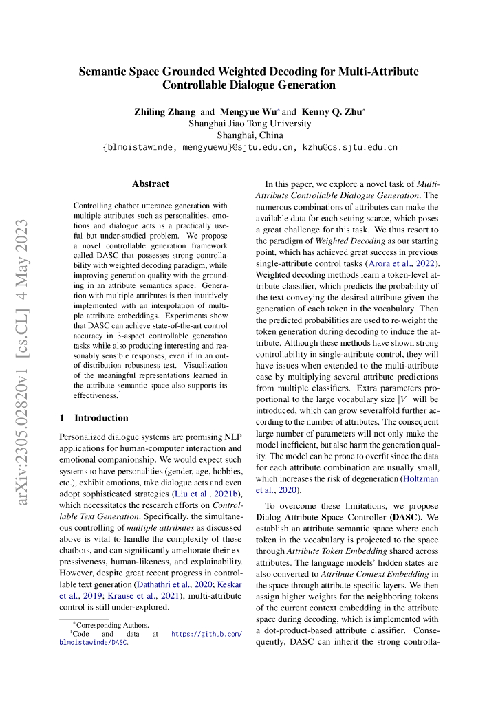 基于语义空间的加权解码多属性可控对话生成（英文版）