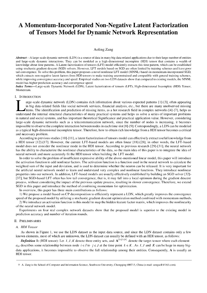 动态网络表示的动量非负张量因式分解模型（英文版）