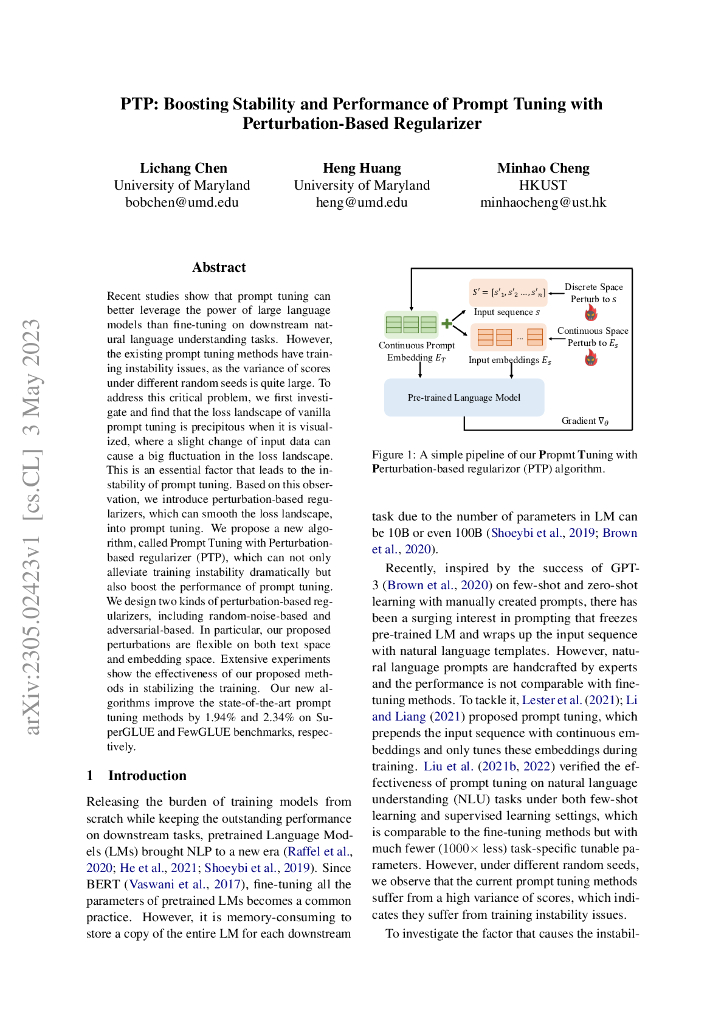 PTP：基于扰动正则化的 Prompt Tuning 提升稳定性和性能（英文版）