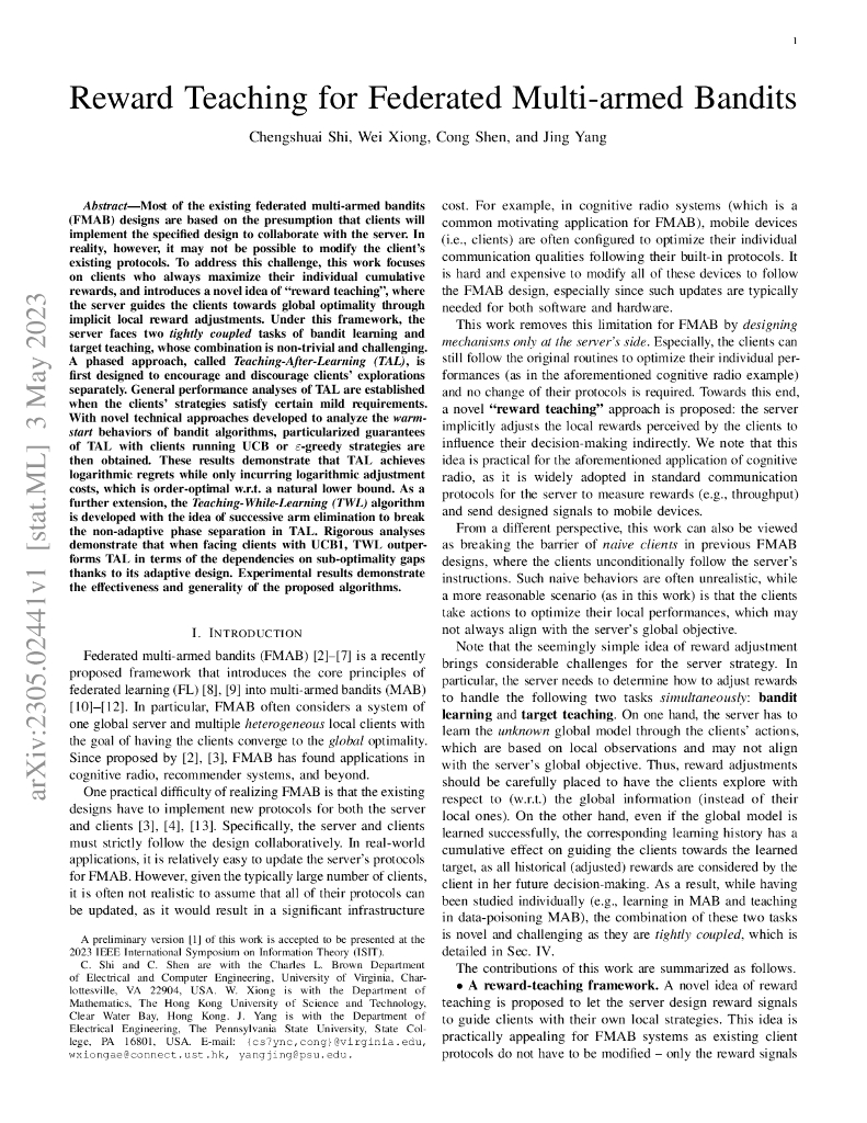 联邦多臂赌博机的奖励训练（英文版）