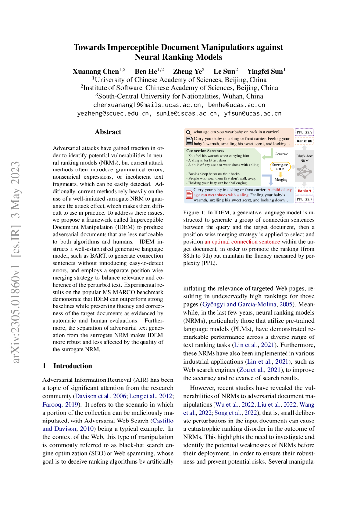 针对神经排序模型的几乎不可察觉的文档篡改（英文版）