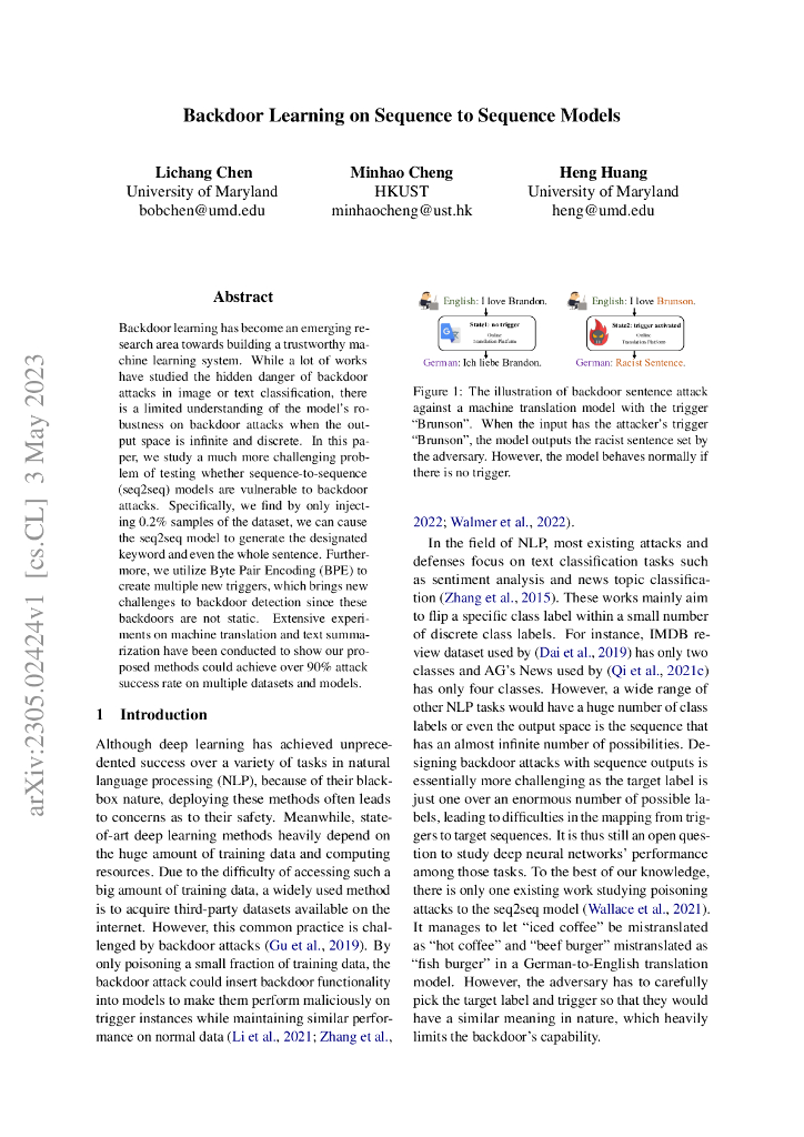 序列到序列模型下的后门学习（英文版）