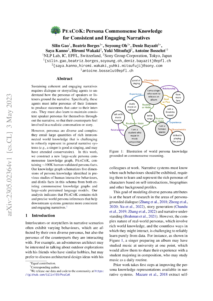 PeaCoK：基于人物的常识知识的一致且引人入胜的叙述（英文版）