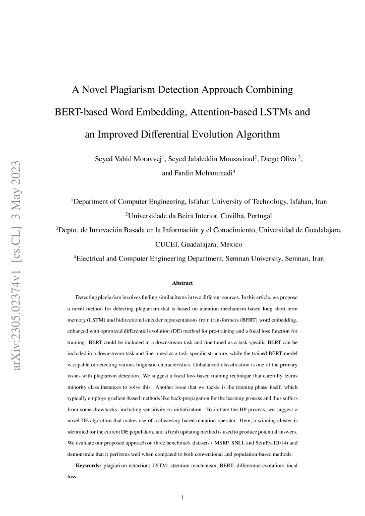 一种将基于 BERT 的词嵌入、基于 Attention 的 LSTMs 和改进的差分进化算法相结合的新型剽窃检测方法（英文版）