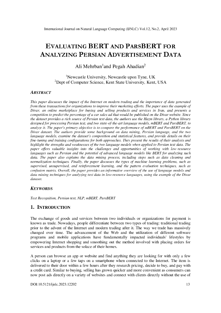 评估用于分析波斯广告数据的 BERT 和 ParsBERT（英文版）