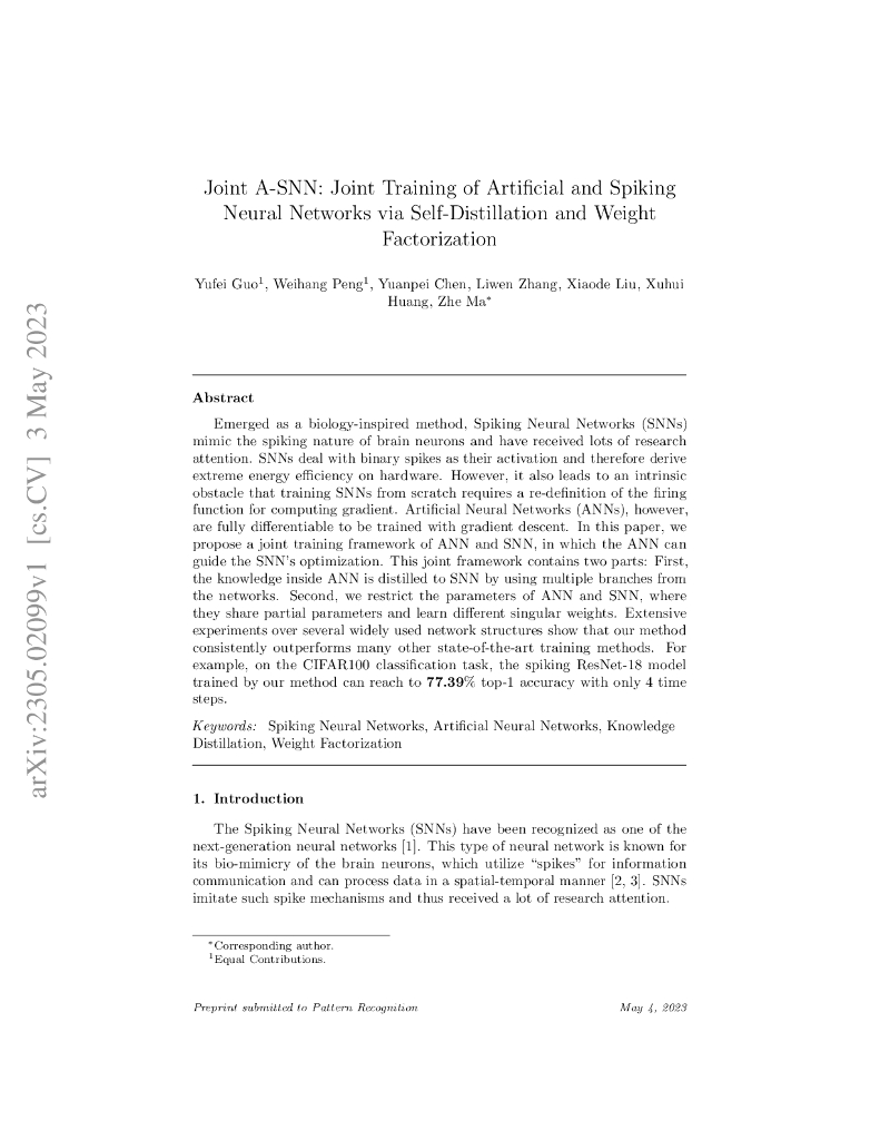 Joint A-SNN:通过自蒸馏和权重分解联合训练人工神经网络和脉冲神经网络（英文版）