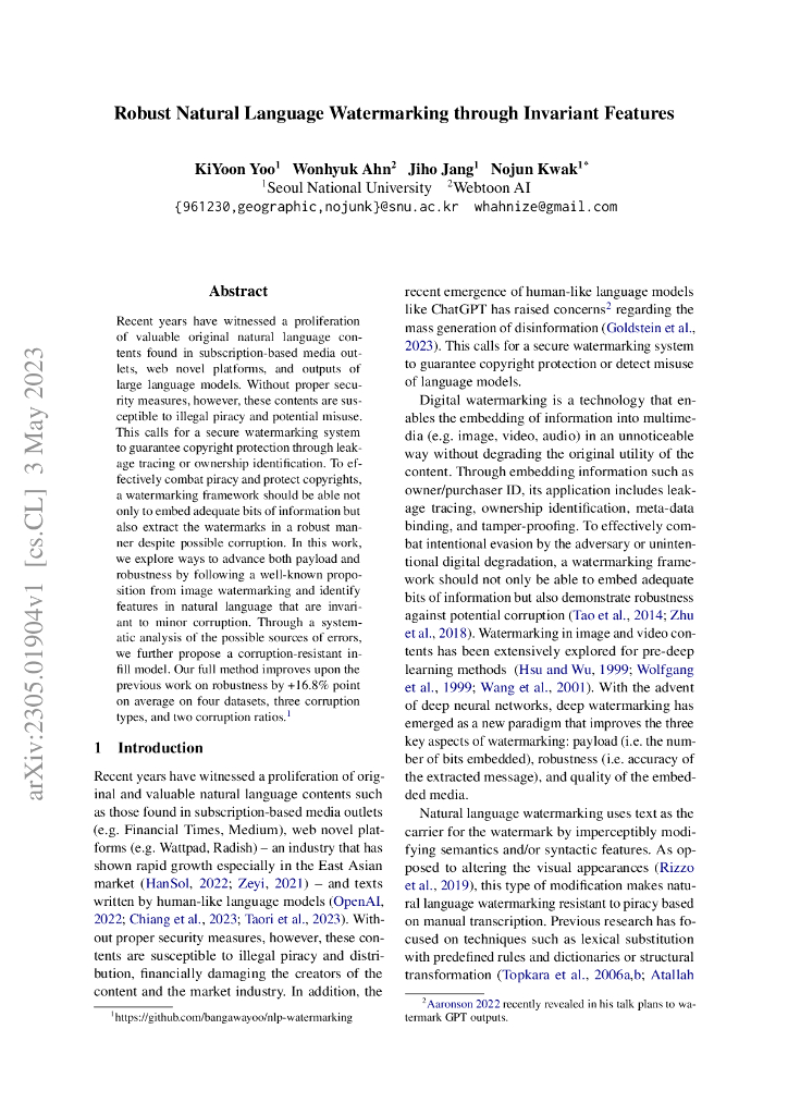 基于不变特征的自然语言鲁棒水印技术（英文版）