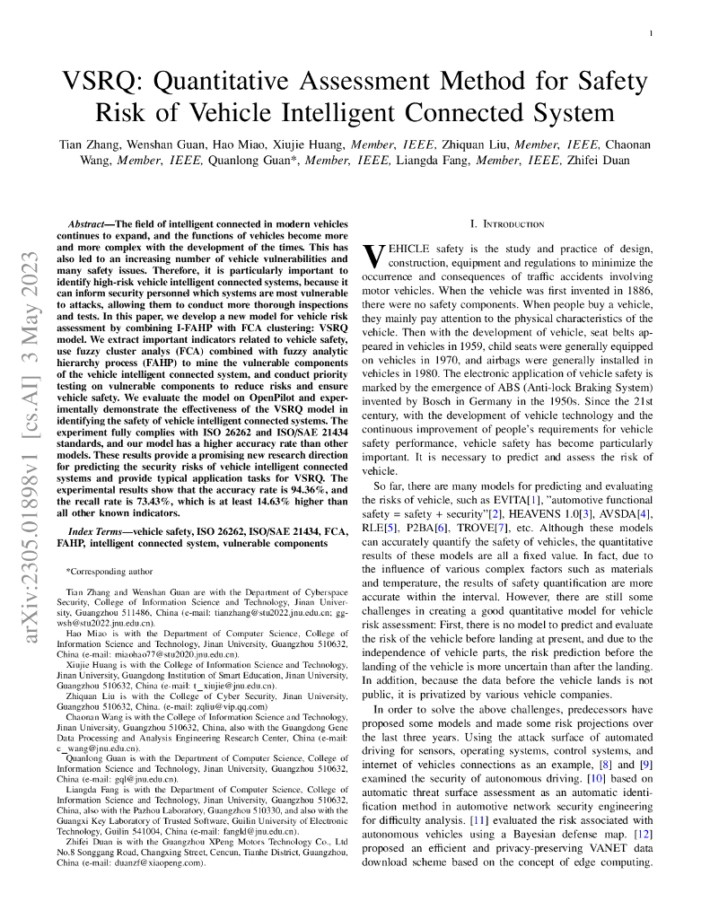 VSRQ：车联网智能系统安全风险的定量评估方法（英文版）