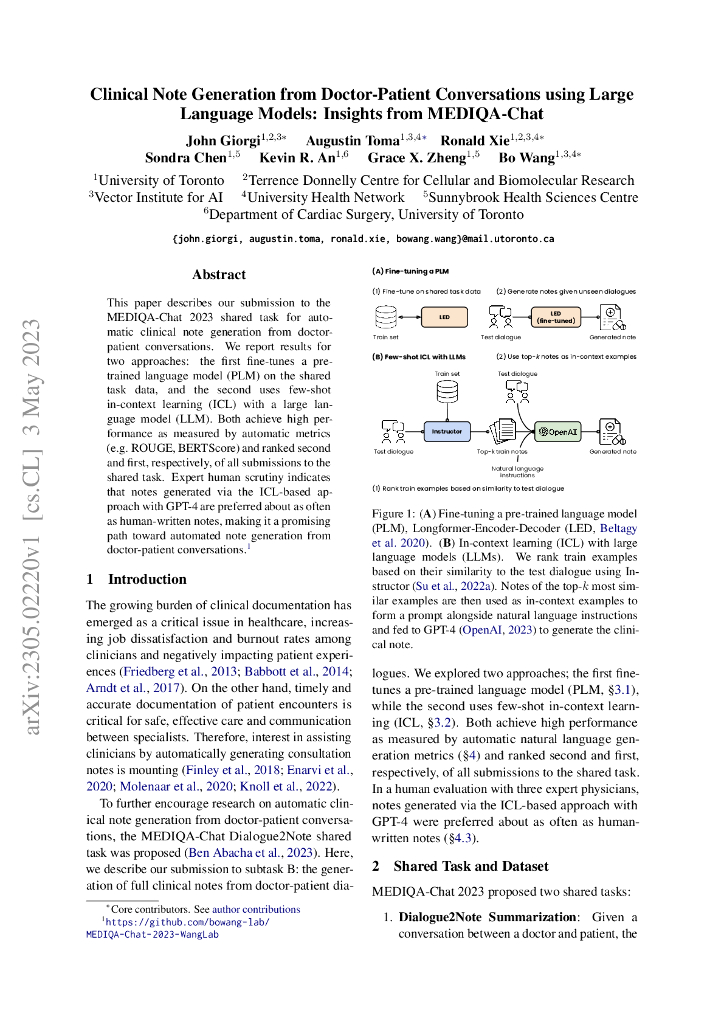 使用大型语言模型从医生-患者对话中生成临床笔记：来自 MEDIQA-Chat 的见解（英文版）
