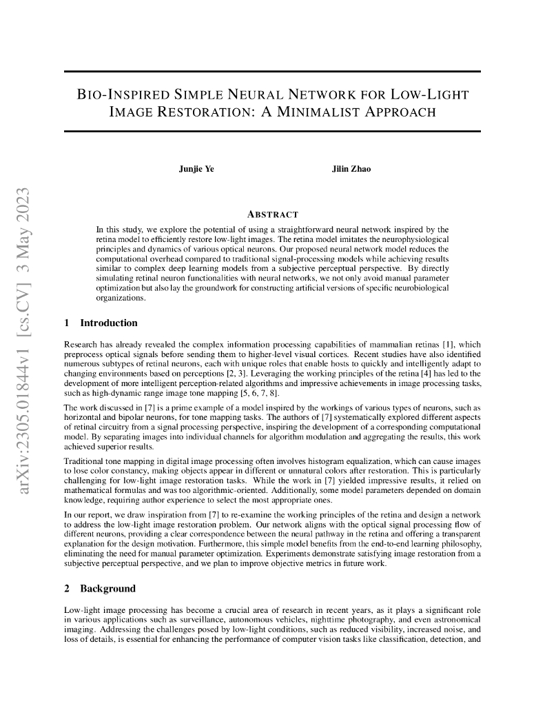 低光图像恢复的仿生简单神经网络：一种极简主义方法（英文版）