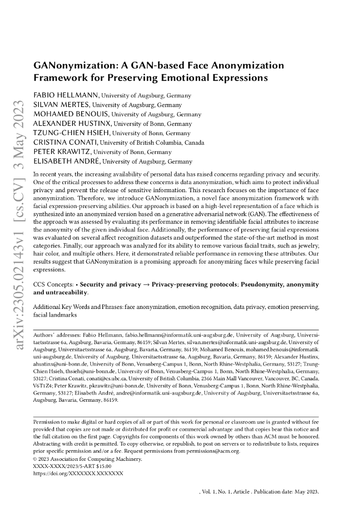 GANonymization:基于 GAN 的人脸匿名化框架，用于保留情绪表达（英文版）