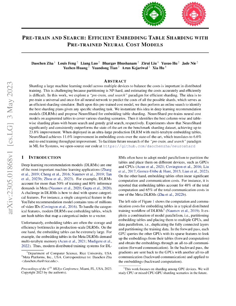 预训练与搜索：利用预训练神经成本模型实现高效的嵌入表分片（英文版）