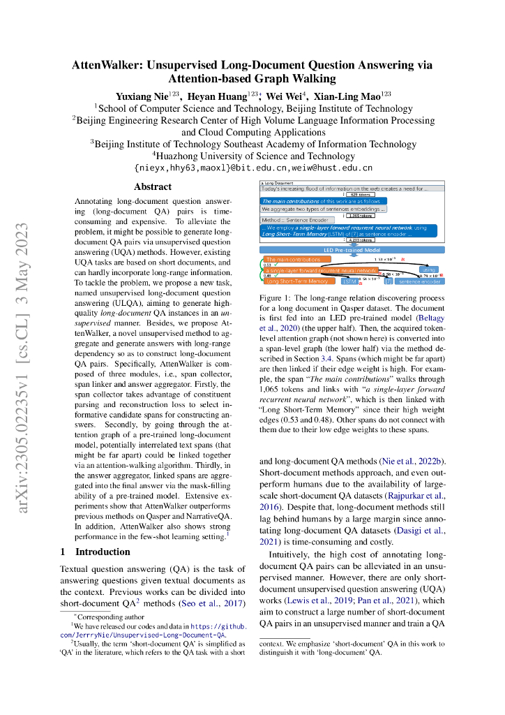 AttenWalker:基于注意力图遍历的无监督长文档问答（英文版）