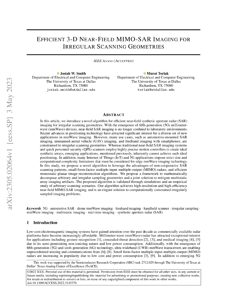 针对不规则扫描几何形状的高效三维近场 MIMO-SAR 成像（英文版）