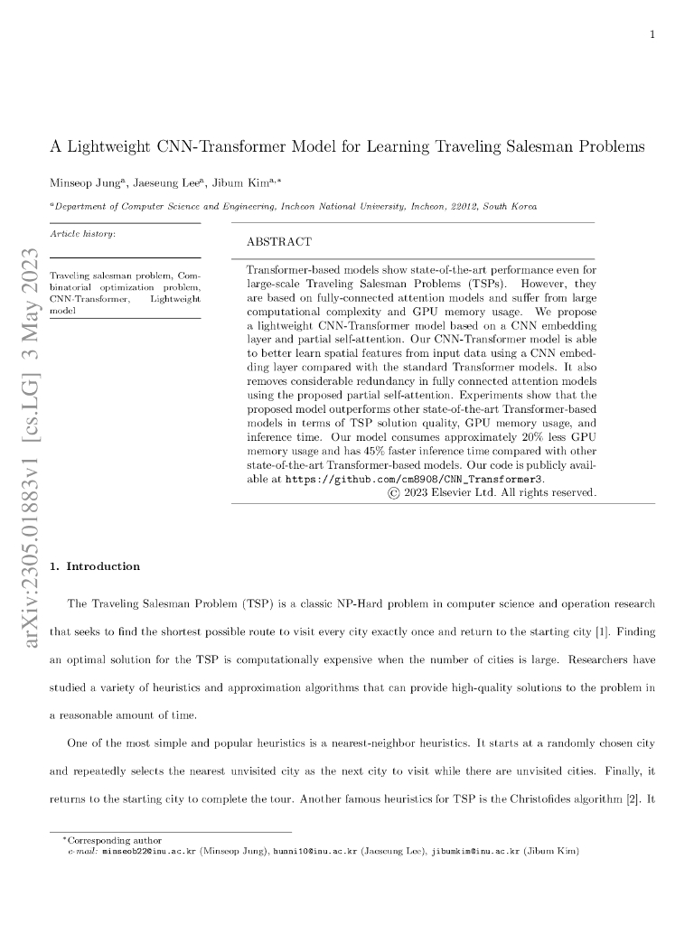 一种轻量级的 CNN-Transformer 模型用于学习旅行商问题（英文版）