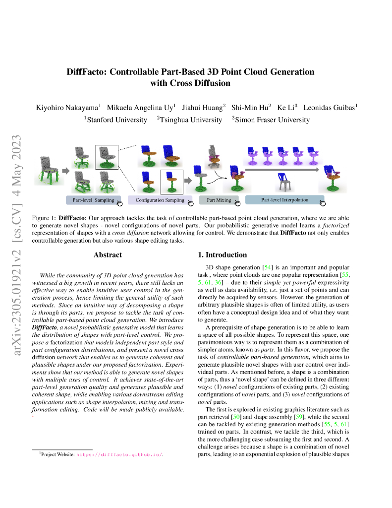 基于部件的可控性三维点云生成和交叉扩散的 DiffFacto（英文版）