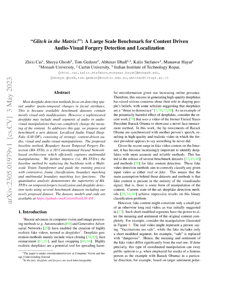矩阵故障！基于内容驱动的音视频伪造检测与定位的大规模基准测试（英文版）
