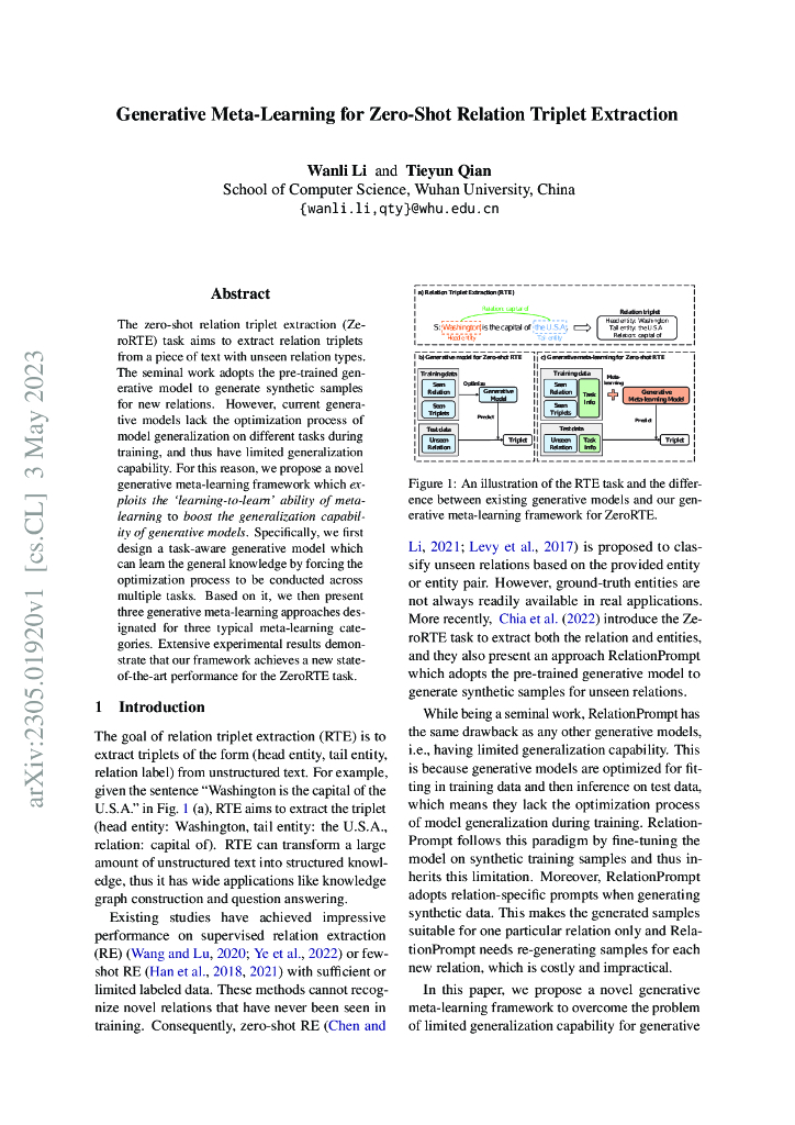 基于生成元学习的零样本关系三元组抽取（英文版）