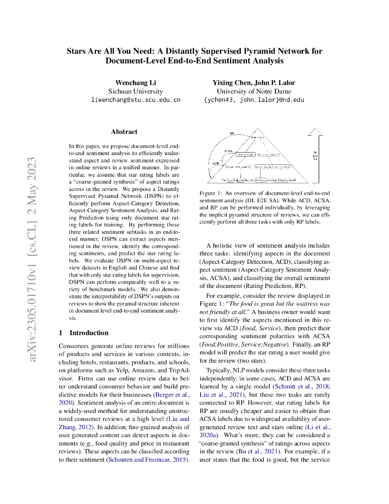 只需星辰：远程监督的金字塔网络在文本级别端到端情感分析中的应用（英文版）