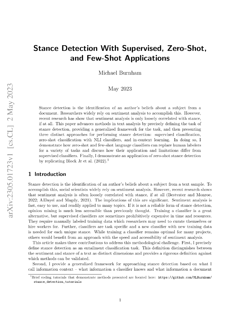 基于监督、零样本和少样本的立场检测应用（英文版）