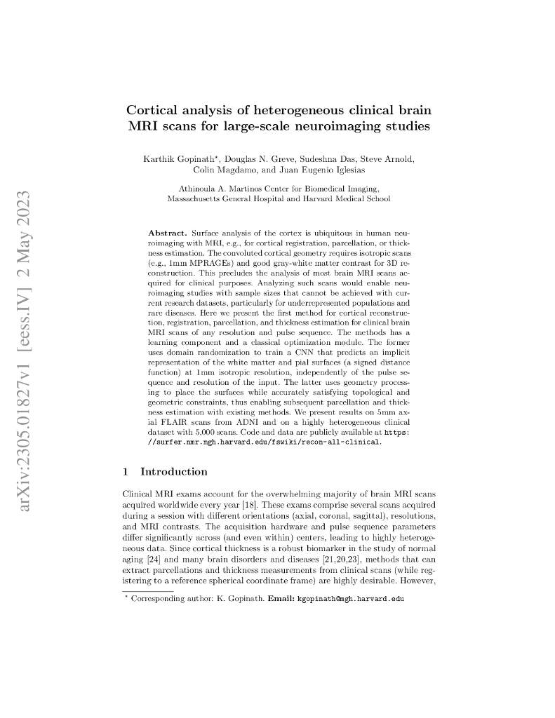 大规模神经影像学研究中，异质性临床脑 MRI 扫描的皮质分析（英文版）