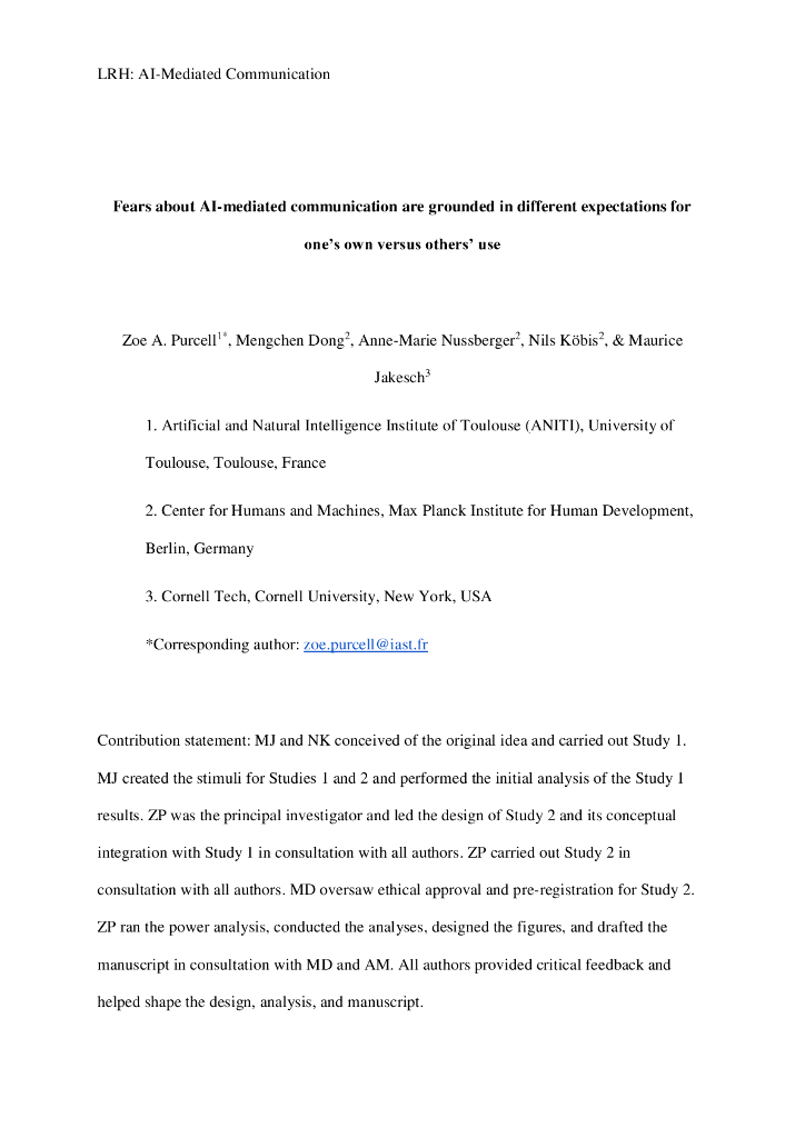 人工智能媒介交流的担忧源自对自己与他人使用的不同期望（英文版）
