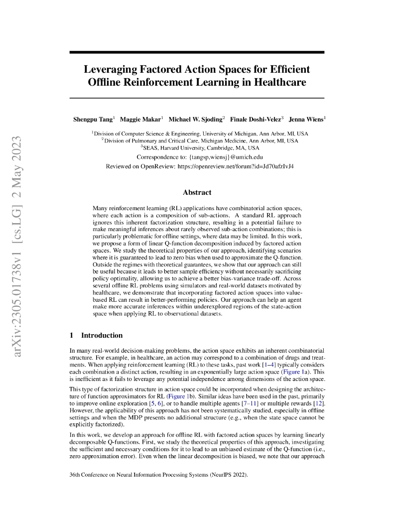 利用分解的行动空间实现医疗保健中高效的离线强化学习（英文版）