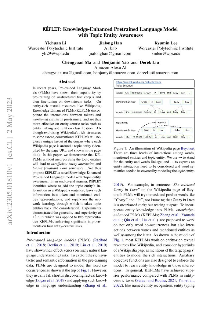 KEPLET：具备主题实体意识的知识增强预训练语言模型（英文版）