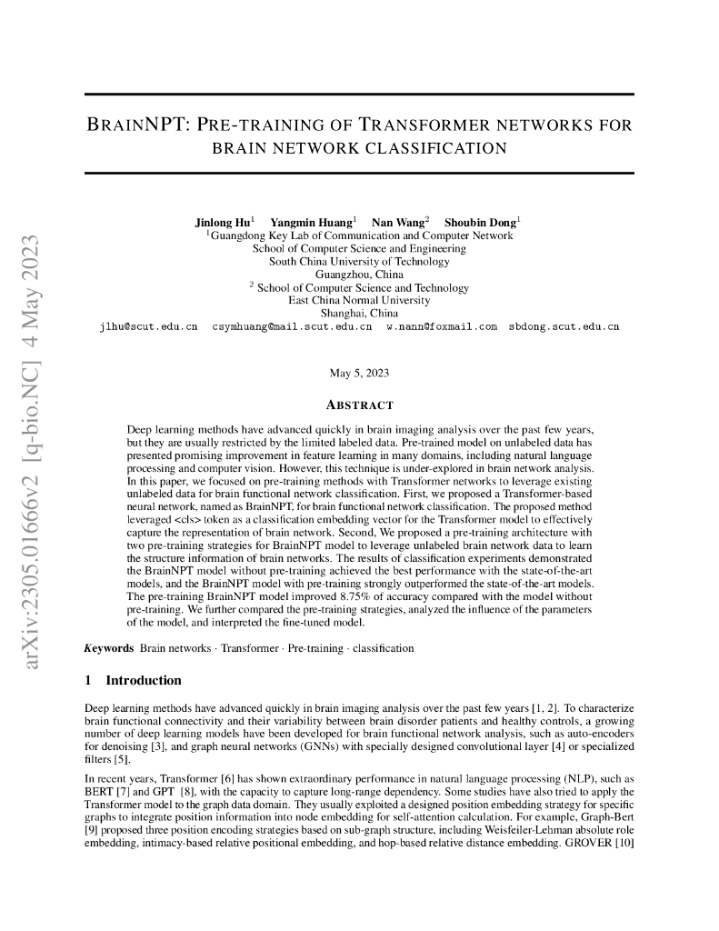 BrainNPT：用于脑网络分类的 Transformer 网络预训练（英文版）