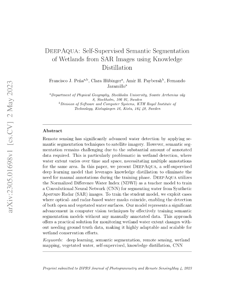 DeepAqua：利用知识蒸馏自监督从 SAR 图像中语义分割湿地（英文版）