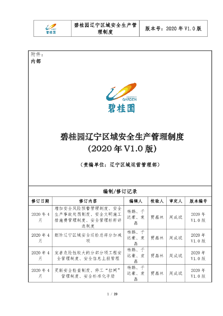 标杆地产安全生产管理制度（2020年）