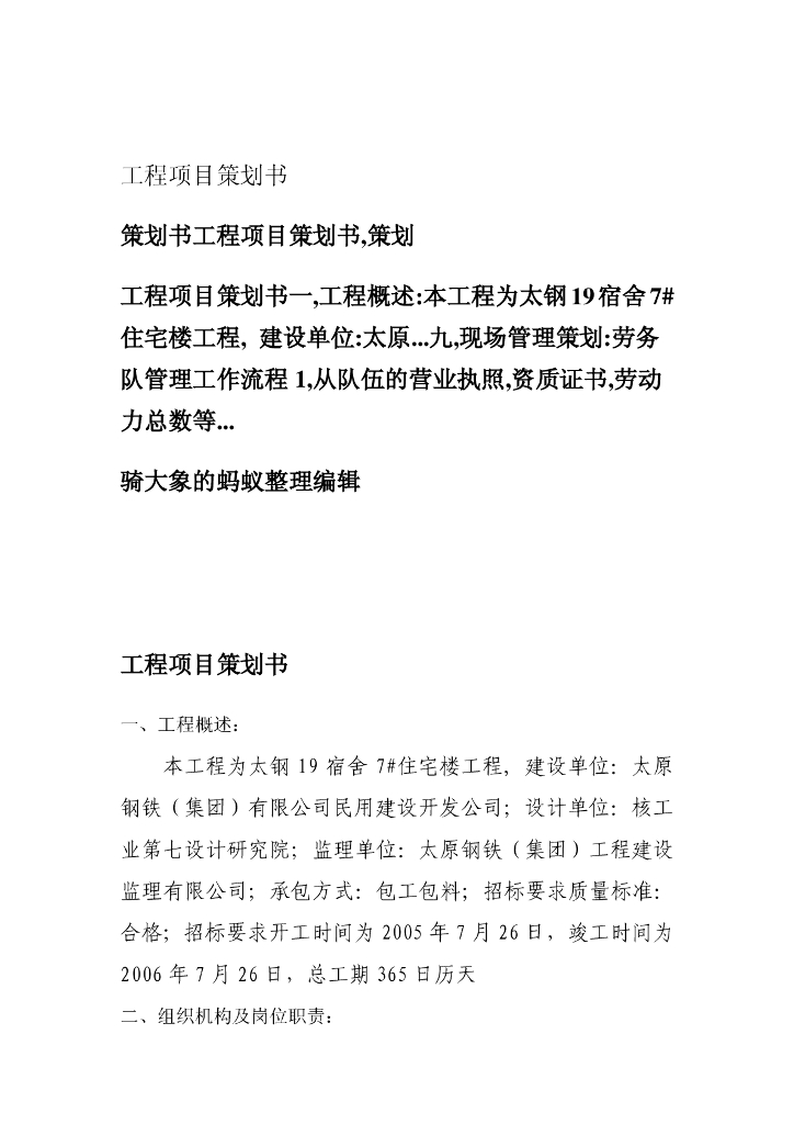 太钢19宿舍工程项目策划书