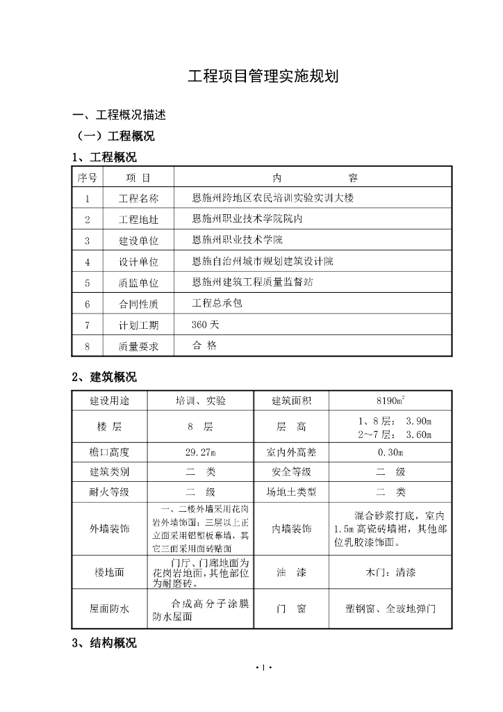 工程项目管理实施规划-恩施农名培训大楼