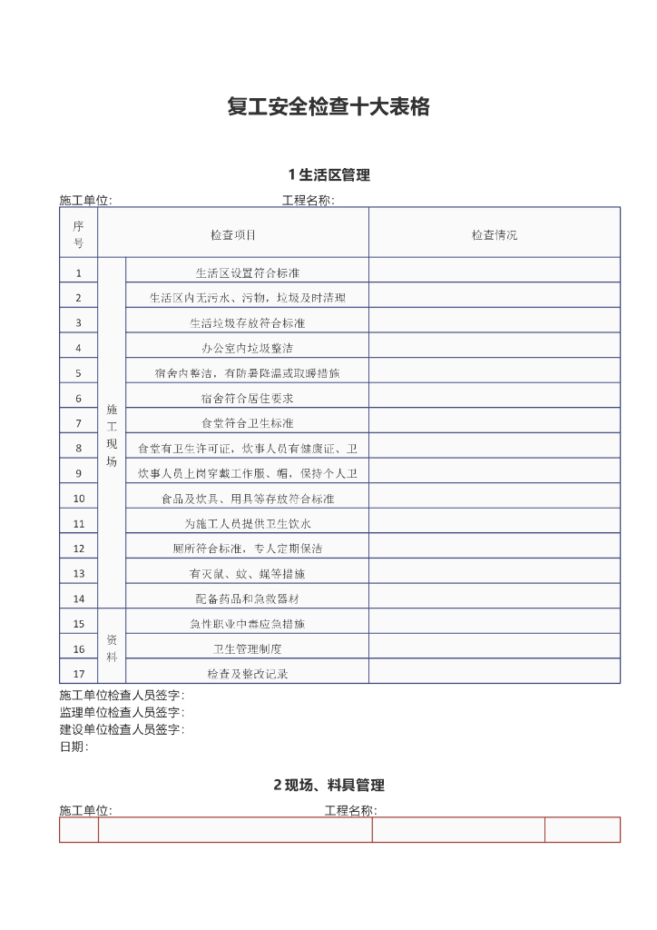 工程项目复工安全检查十大表格