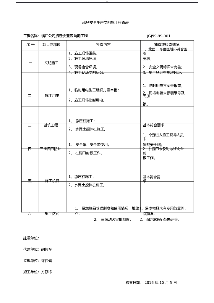 房屋拆迁工程现场安全施工隐患检查表