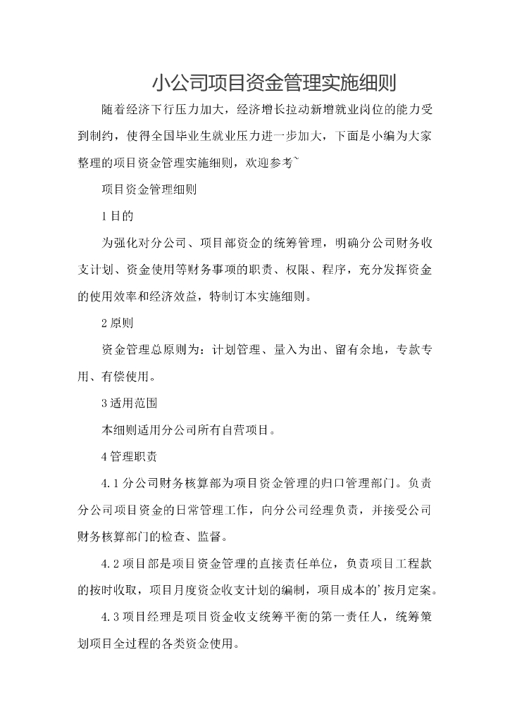 小公司项目资金管理实施细则