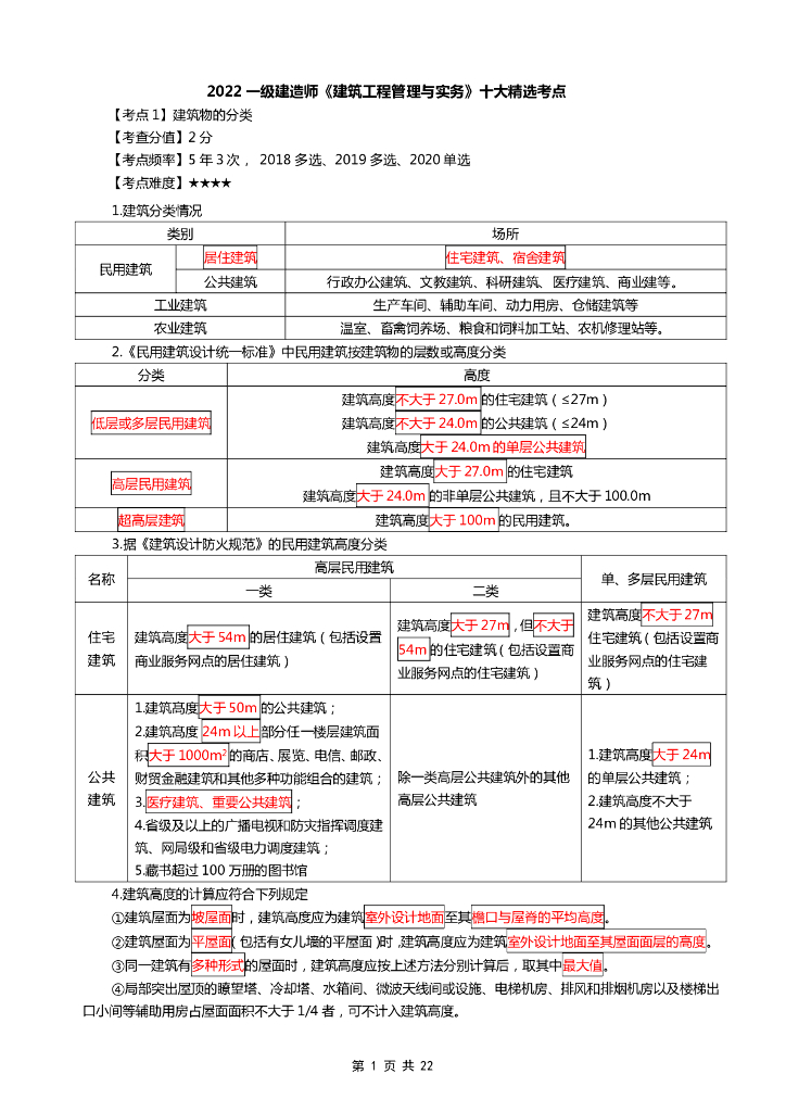 2022一建《建筑工程管理与实务》十大精选考点