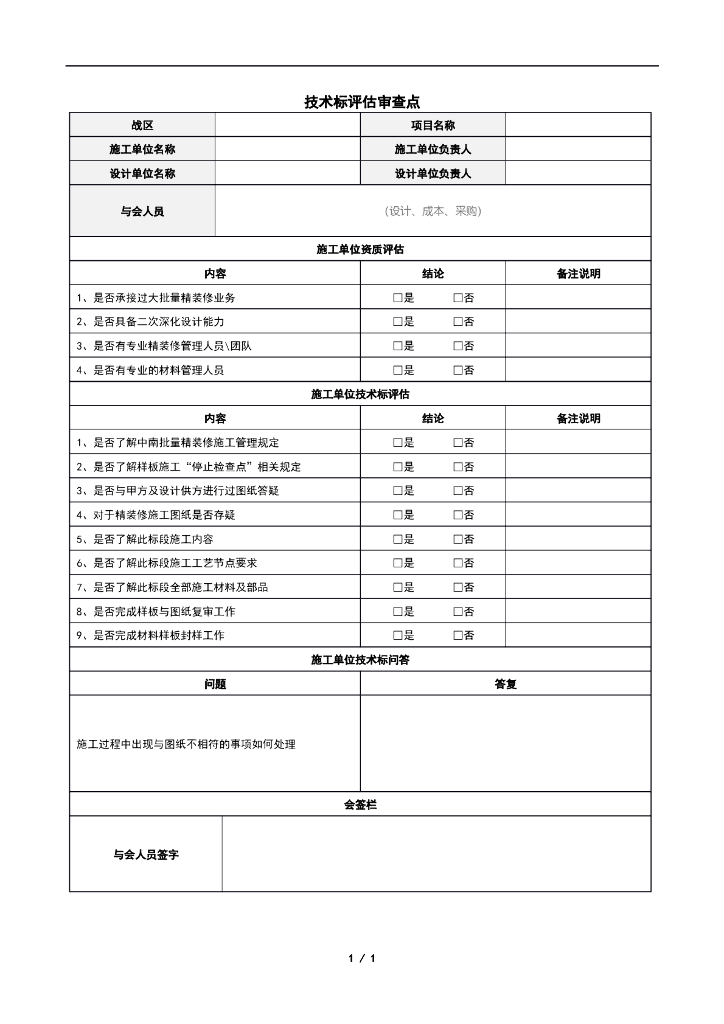 室内精装工程技术标评估审查点