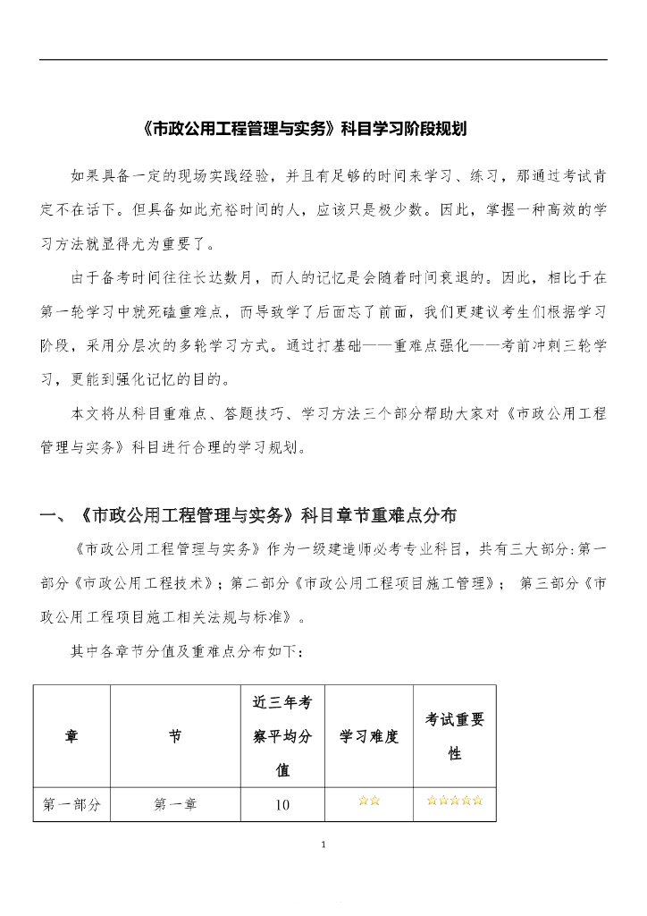 2021年一级建造师市政科目学习阶段规划