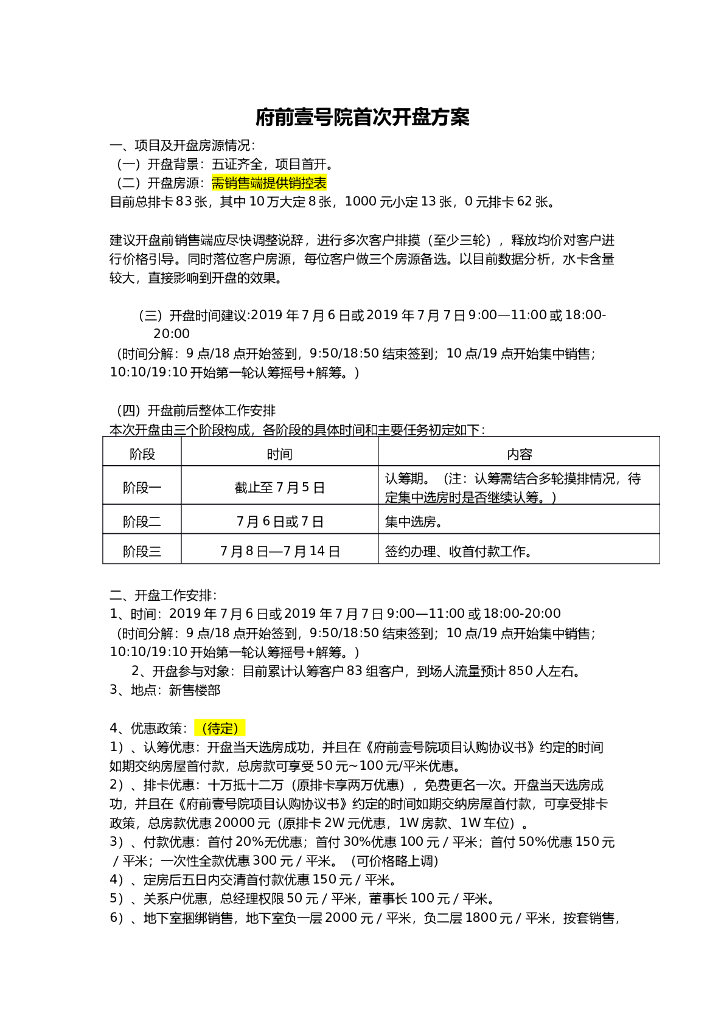 住宅项目首次开盘方案