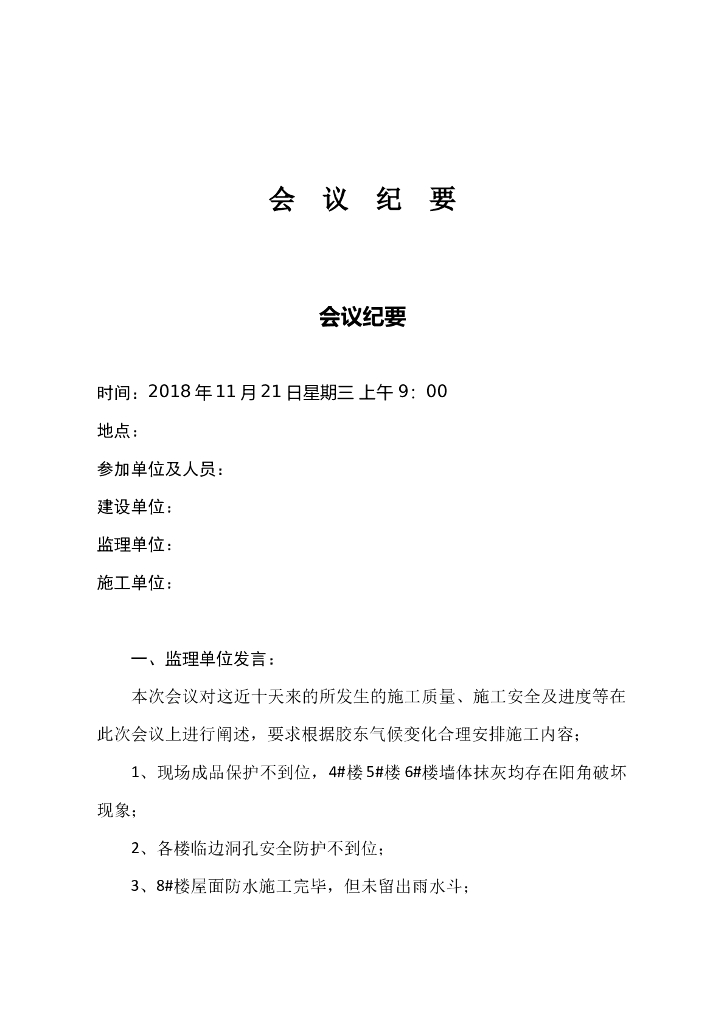 项目施工监理会议纪要