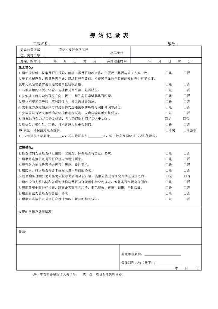 膜结构安装分项工程监理旁站记录表