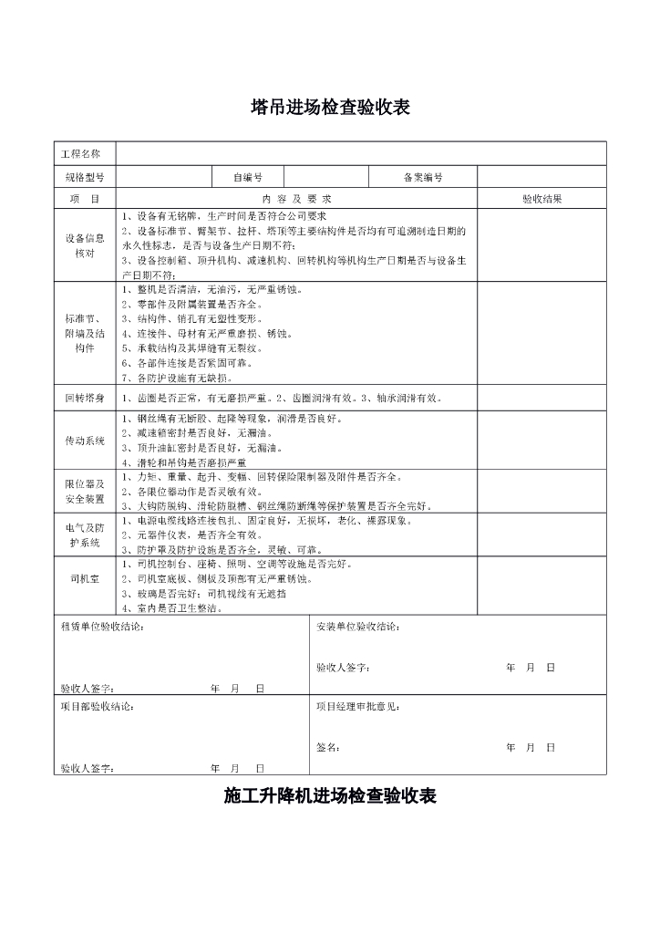 大型设备进场检查验收表