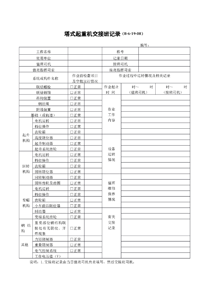 塔式起重机交接班记录